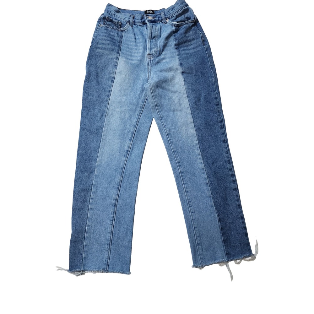 Simple Society Two Tone Blue Straight Leg Jeans High Rise Button Fly Raw Hem 25